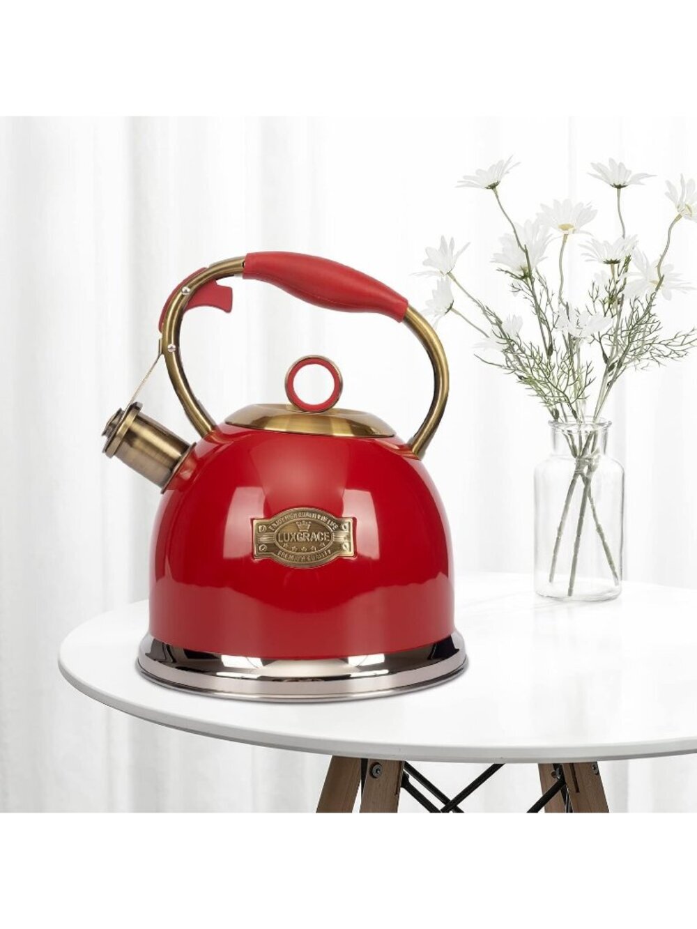 Red Whistling Stainless Steel Kitchen Tea Kettles 2.6 Quart Stovetop Induction - Picture 3 of 6